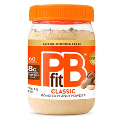 PBfit Classic packaging highlights gluten-free, non-GMO peanut butter powder.