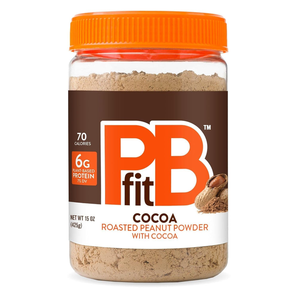 PBfit Cocoa Peanut Butter Powder container showing a low-fat flavor option