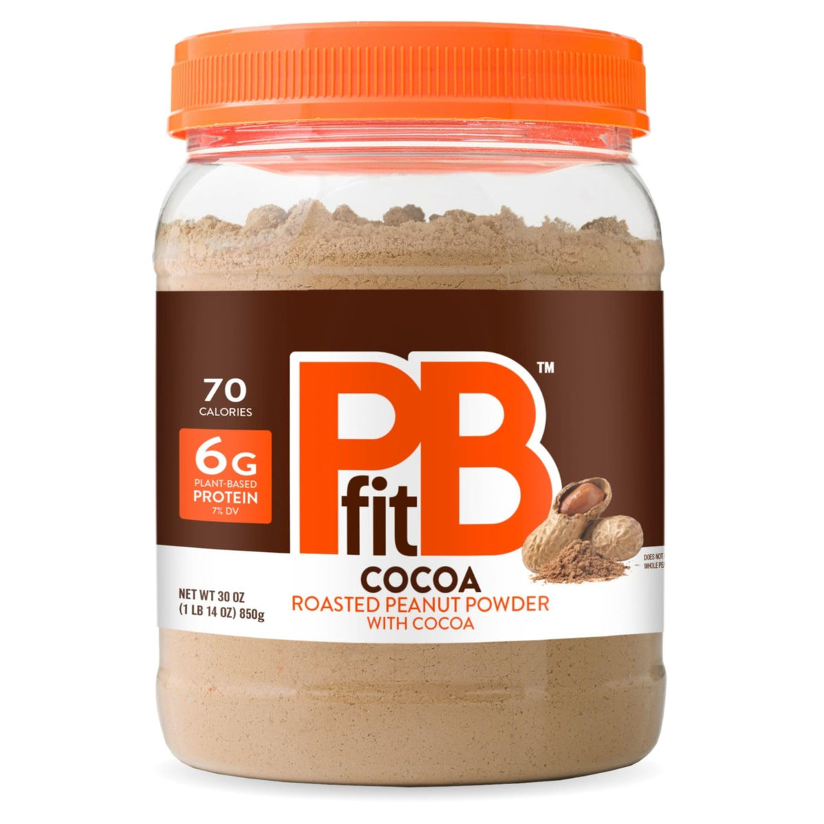 PBfit Cocoa Peanut Butter Powder jar showing low-fat, chocolate peanut flavor.