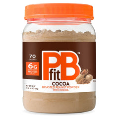 PBfit Cocoa Peanut Butter Powder jar showing low-fat, chocolate peanut flavor.