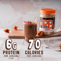 PBfit Cocoa Peanut Butter Powder scoop highlights quick protein boost