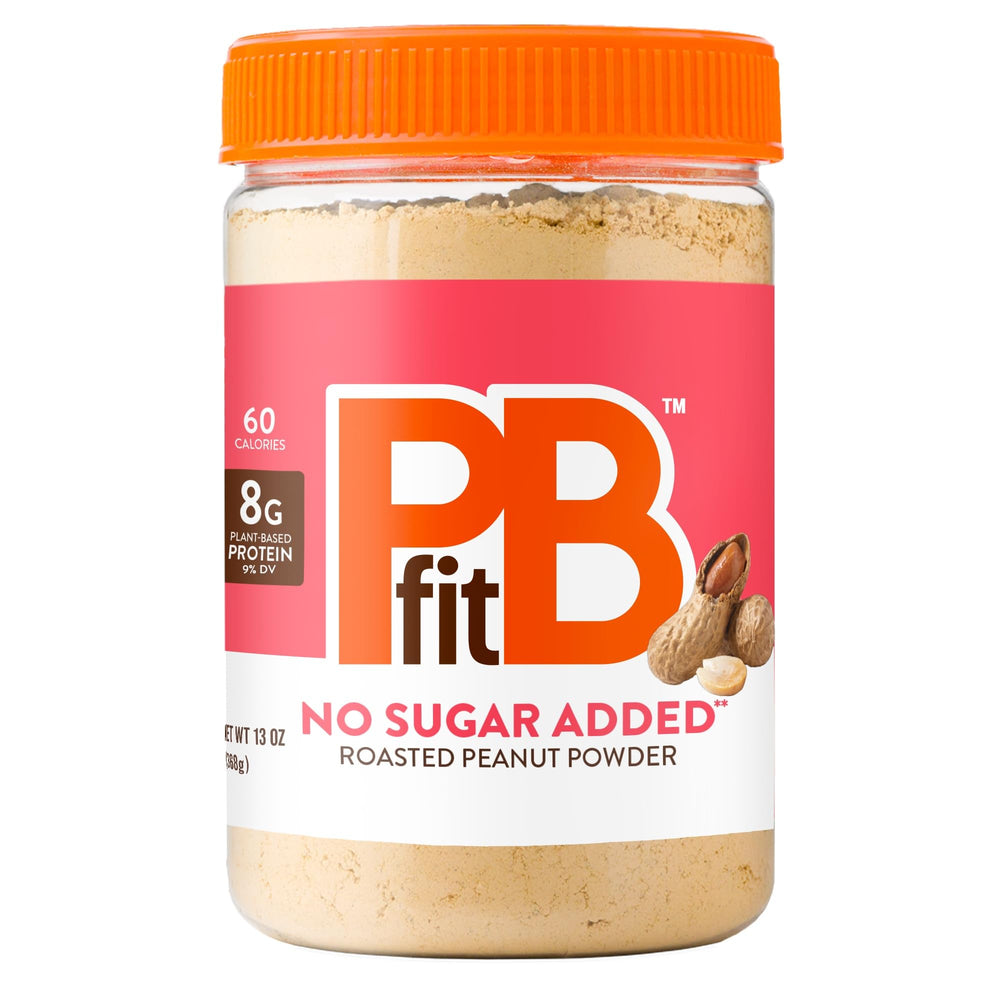 PBfit No Sugar Added peanut butter powder in a jar shows texture for a low-fat spread