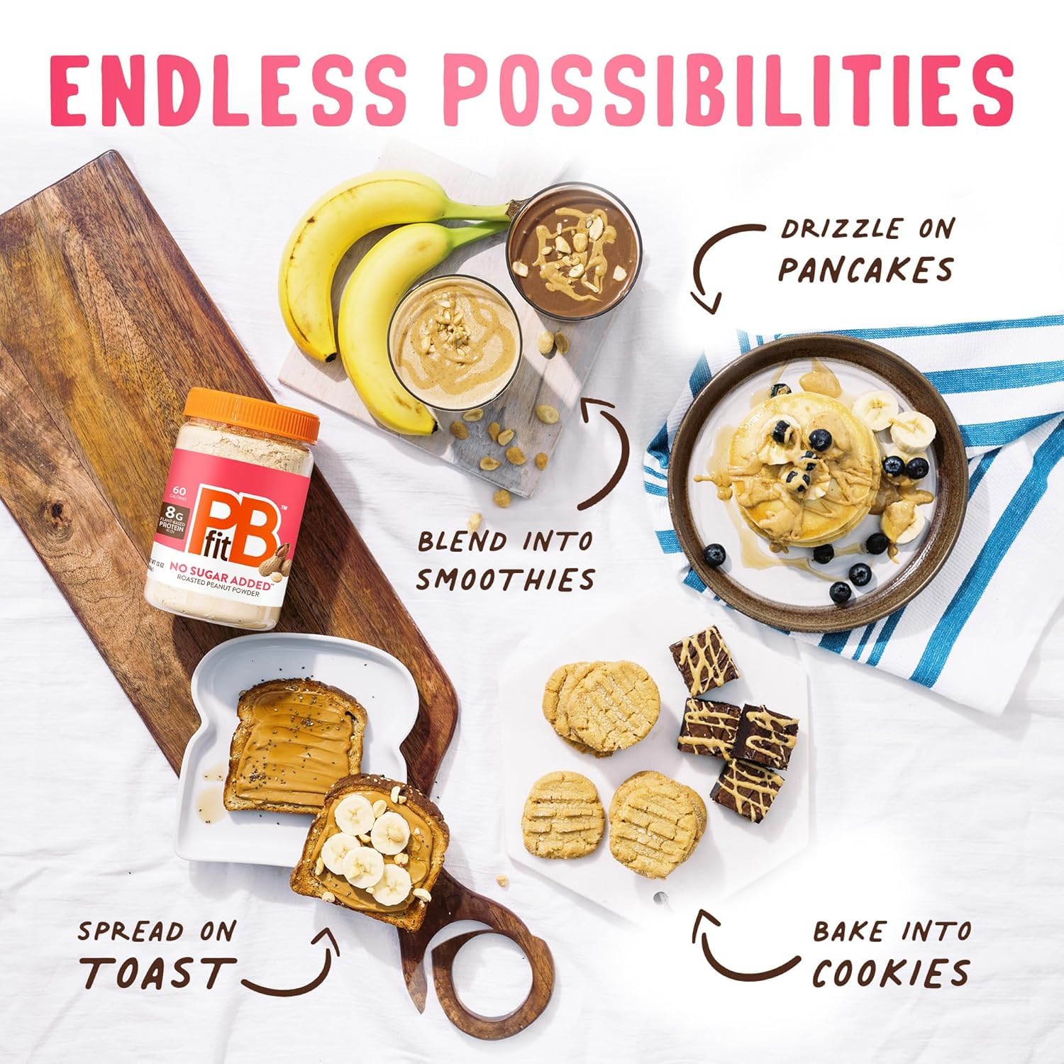 Pouring PBfit powder into smoothie for a protein-rich breakfast