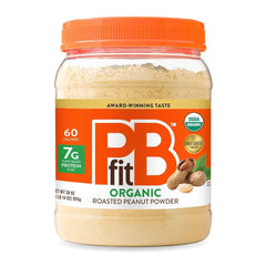 PBfit organic peanut butter powder in a jar, highlighting a low-fat spread option