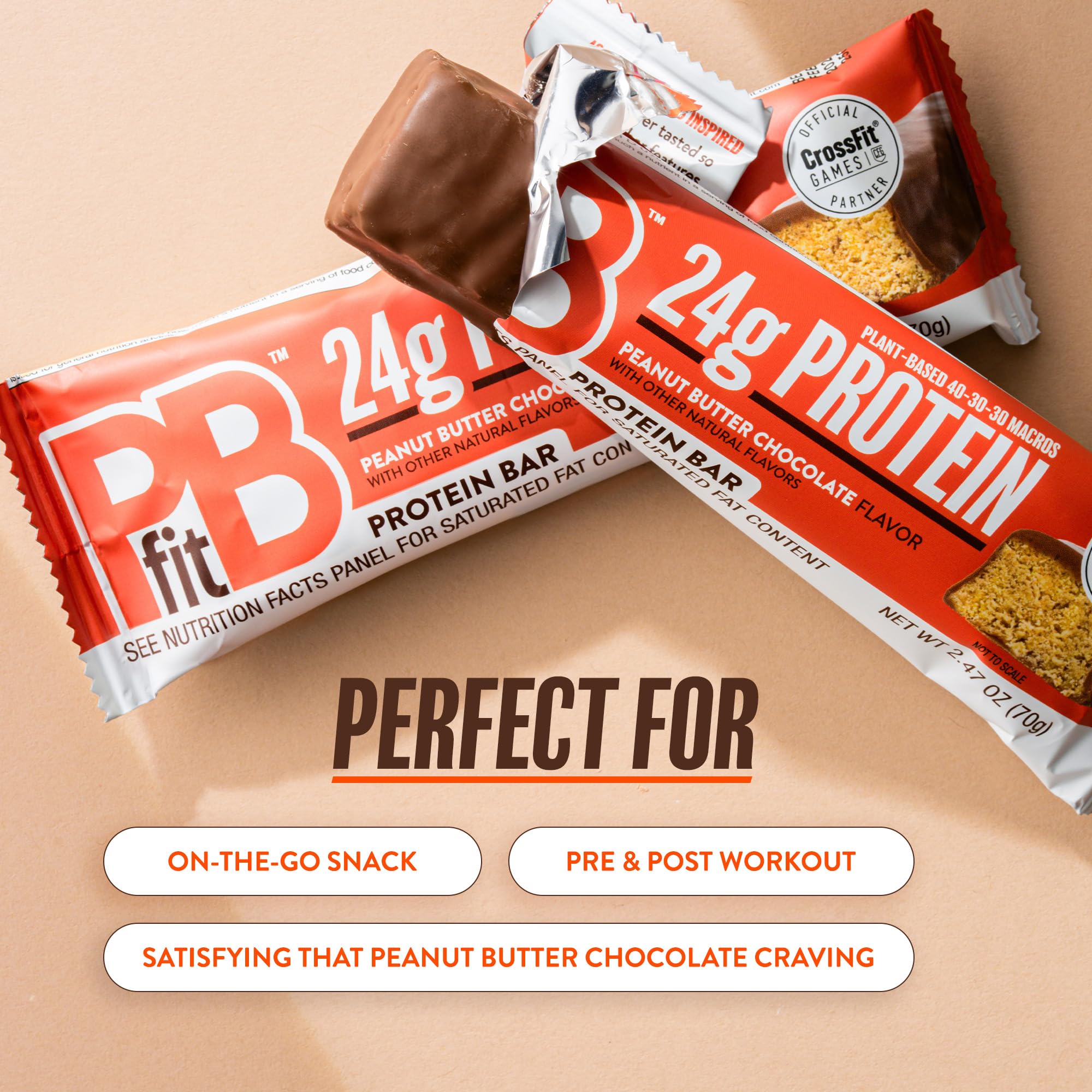 PBfit bar closeup emphasizes creamy peanut butter chocolate flavor