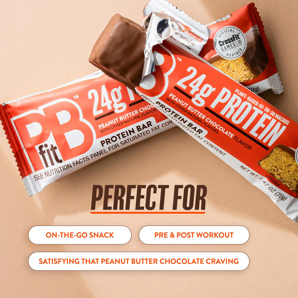PBfit bar closeup emphasizes creamy peanut butter chocolate flavor