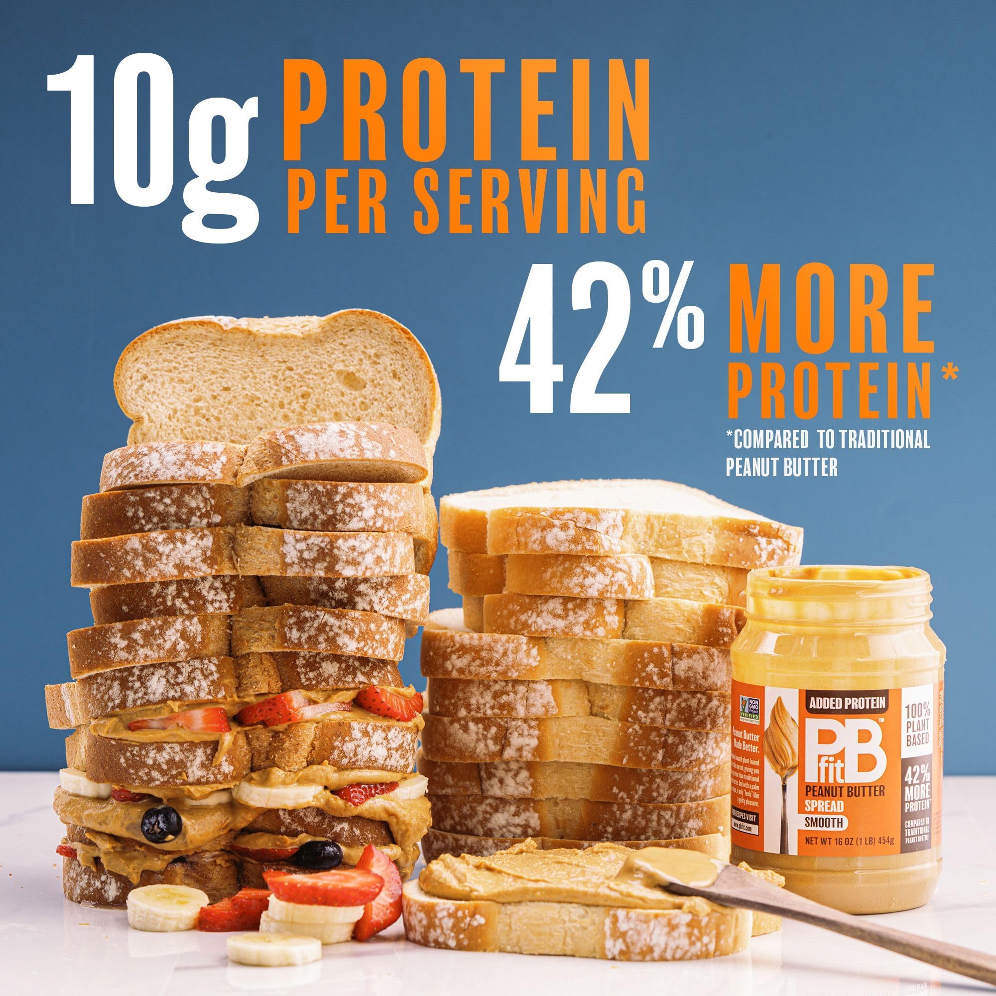 PBfit peanut butter spread dip with fresh fruit, protein-rich snack.