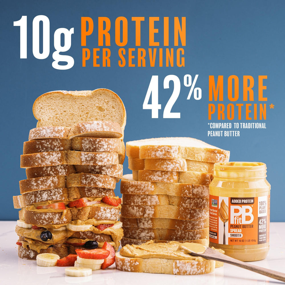 PBfit peanut butter spread dip with fresh fruit, protein-rich snack.