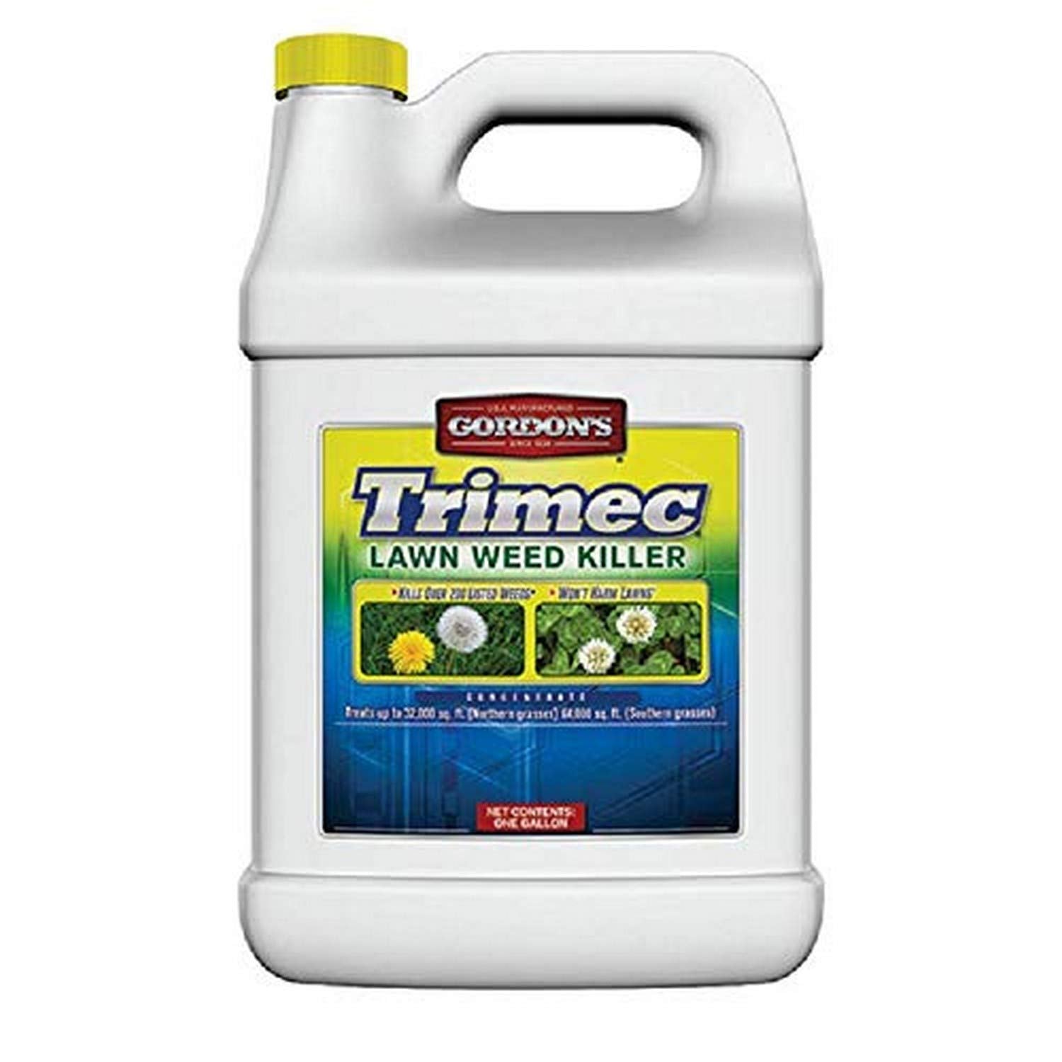PBI Gordon Trimec weed killer bottle targets broadleaf weeds in cool-season lawns.