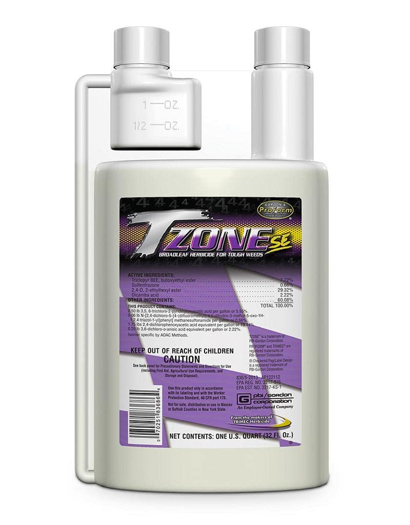 PBI Gordon TZONE SE Broadleaf herbicide bottle targets tough weeds for residential lawns.