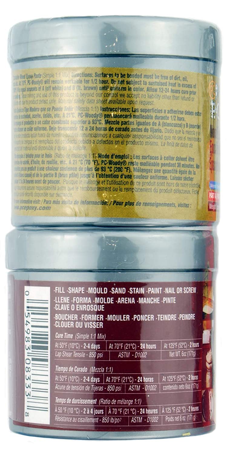 Tan PC-Woody epoxy paste in two‑part kit for wood restoration