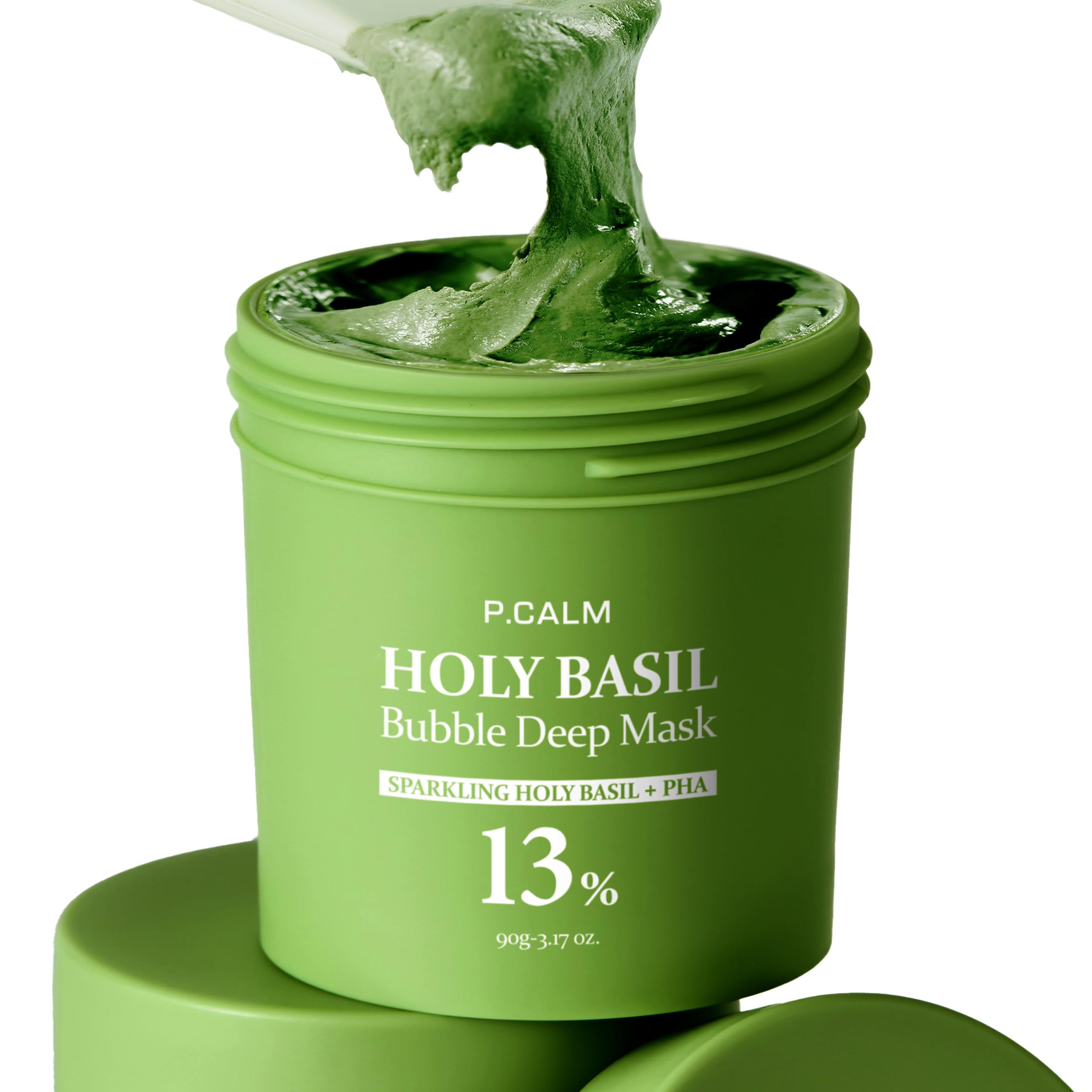 P.CALM Holy Basil Bubble Deep Mask transitioning from clay to bubbles for pore cleansing at home