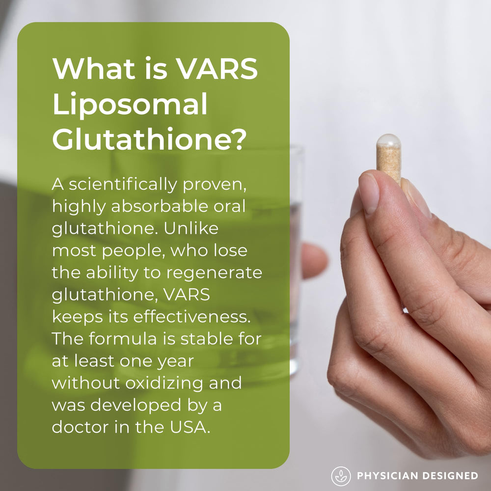 PD VARS glutathione capsules close-up showing odorless, tasteless daily intake.