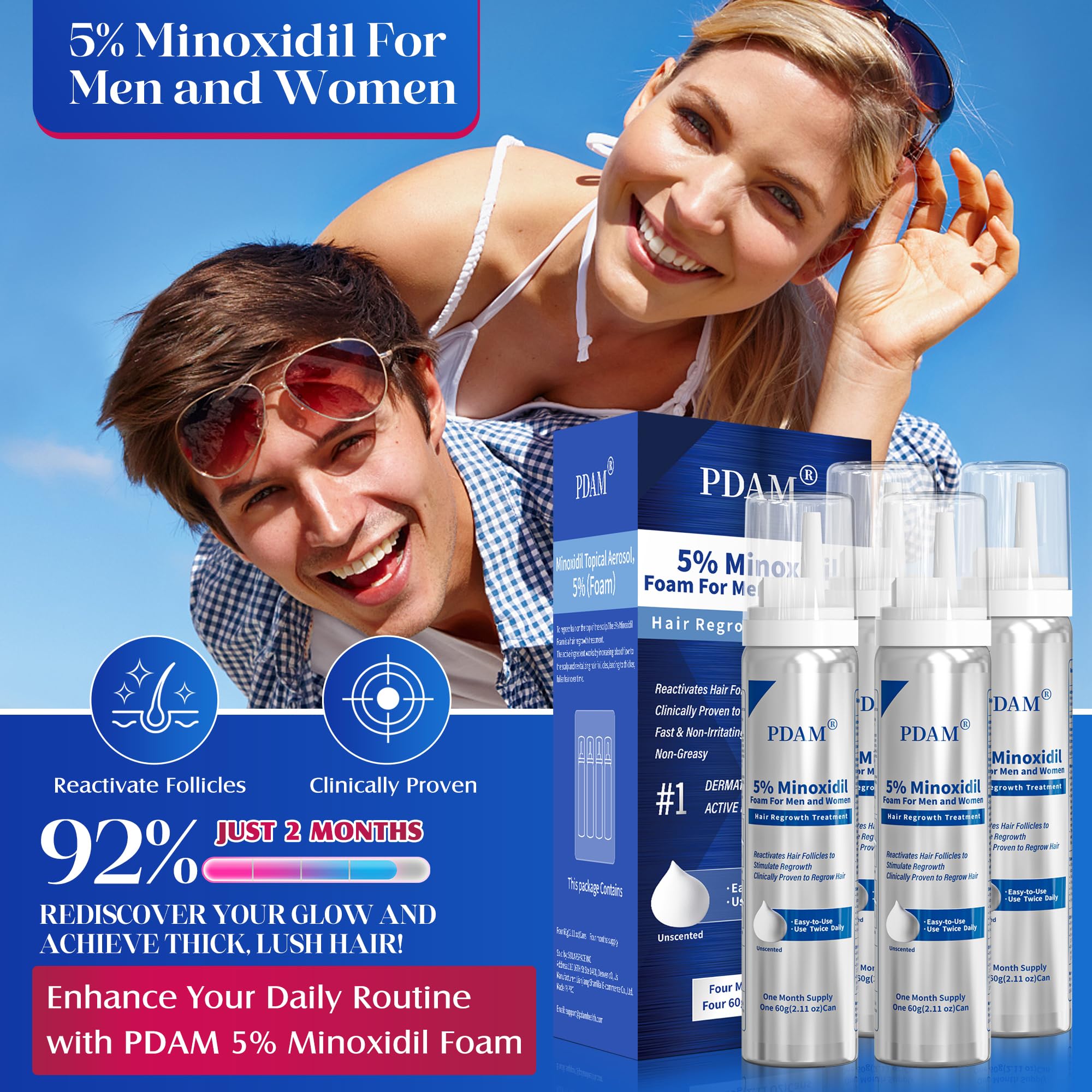 Pdam Minoxidil foam being applied to scalp for thinning areas