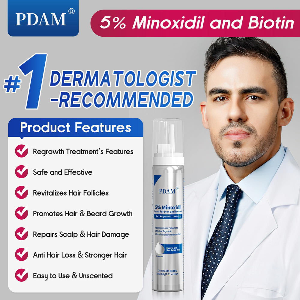 Pdam Minoxidil foam dispense button in use for daily application