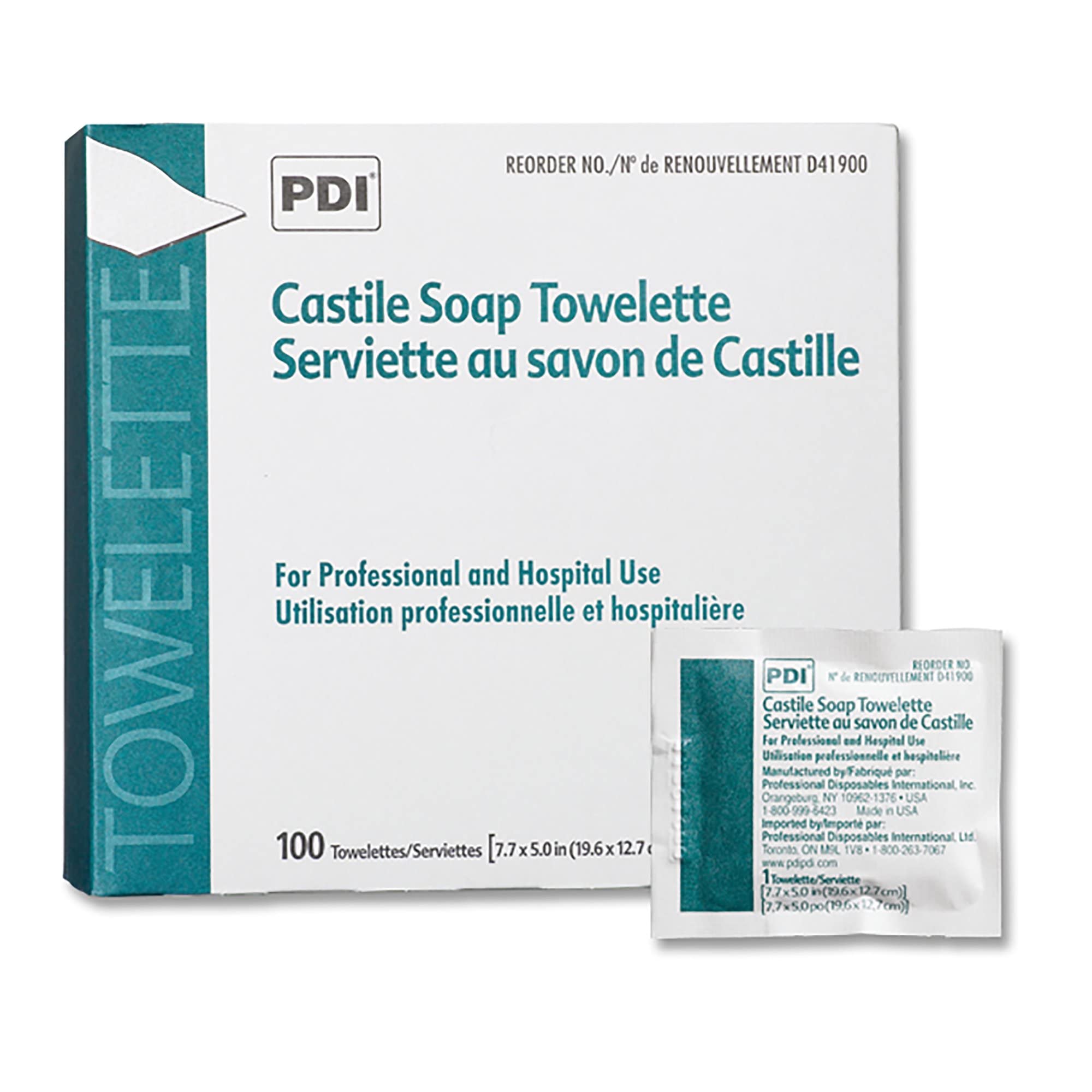 PDI Castile Soap Towelettes box of 100 single-use packets for convenient cleansing