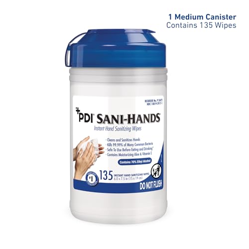PDI SaniHands ALC canister side view highlighting 70% ethyl alcohol content for effective sanitizing.