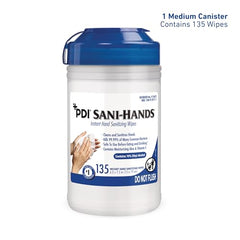 PDI SaniHands ALC canister side view highlighting 70% ethyl alcohol content for effective sanitizing.