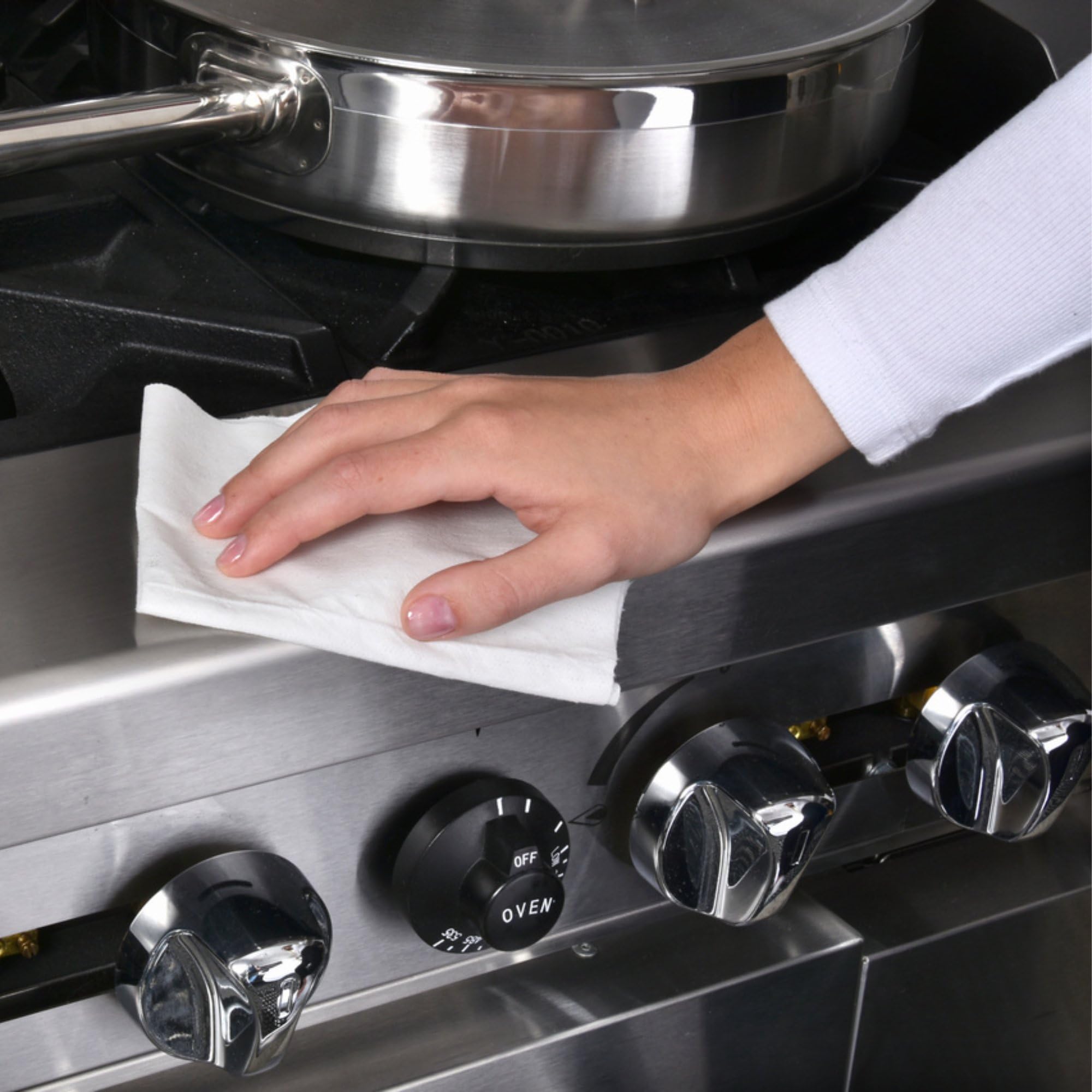 Wipe across bathroom fixtures and equipment surfaces.