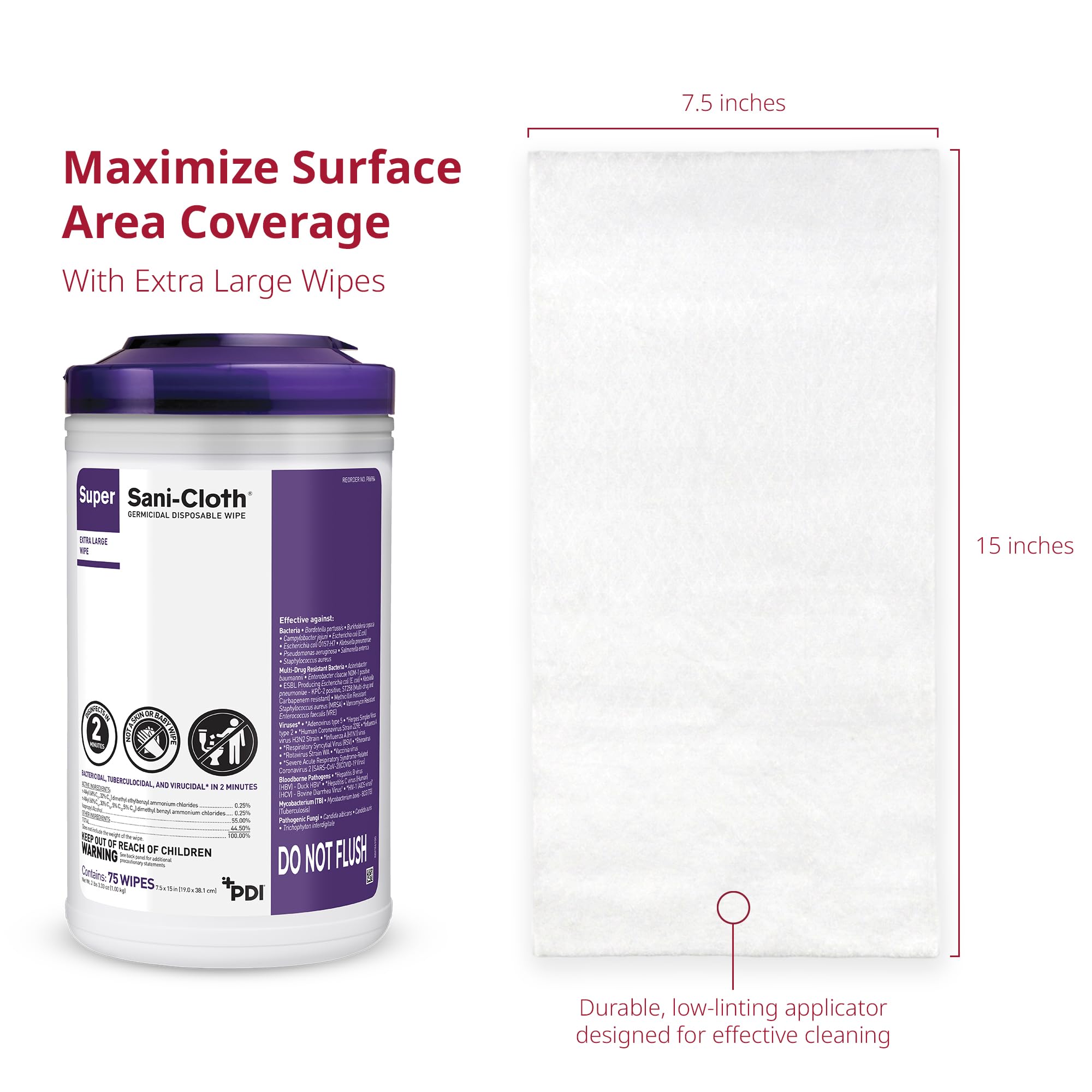 PDI Super Sani-Cloth canister holds white liquid-impregnated wipes for disinfection.