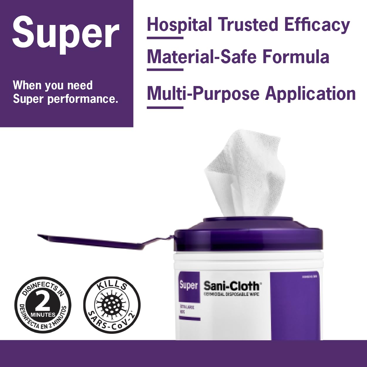 PDI Super Sani-Cloth wipe in use on a counter for multi-surface cleaning.