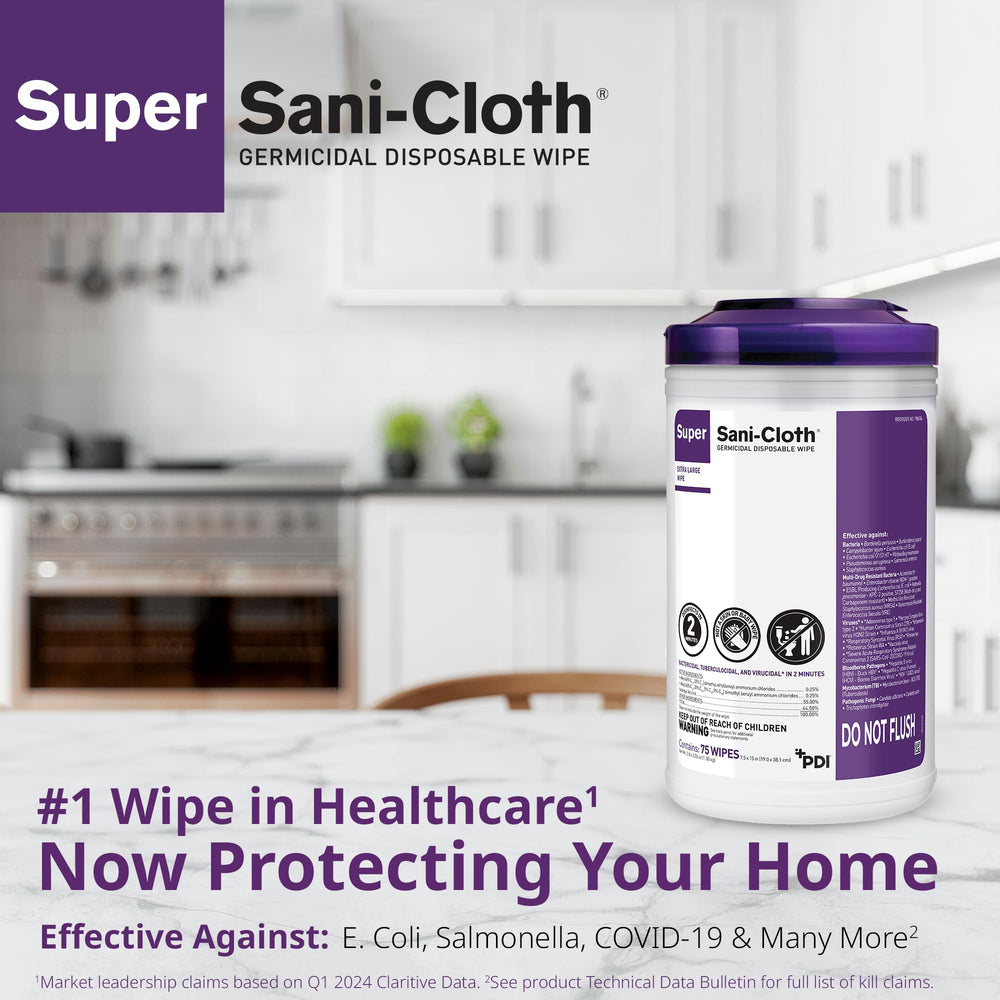 PDI Super Sani-Cloth wipe in use on a counter edge for quick cleaning.