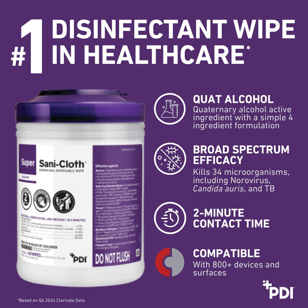 PDI Super Sani-Cloth wipes used on stainless steel surfaces in clinics.