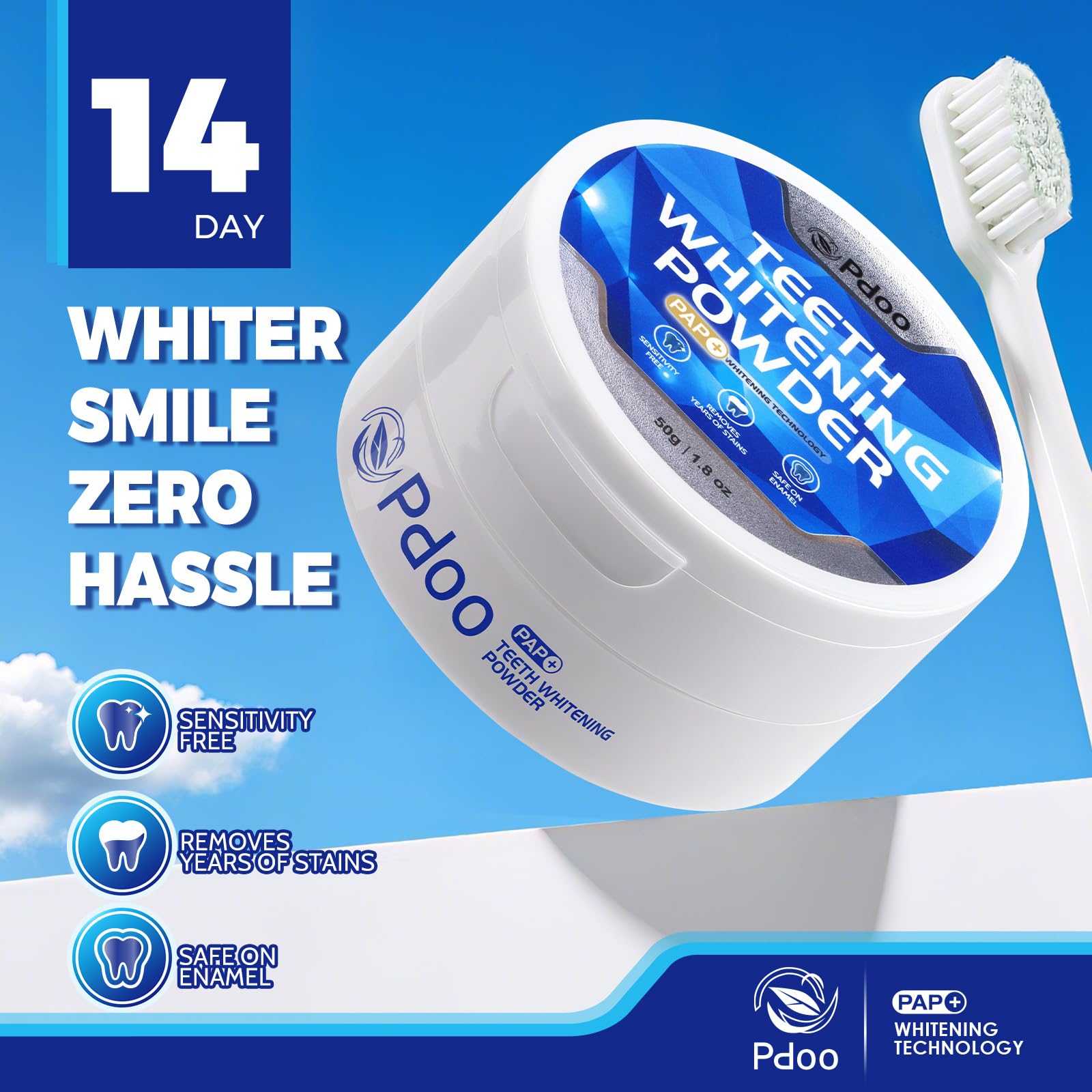 Pdoo whitening powder on counter highlights a convenient, everyday whitening routine.