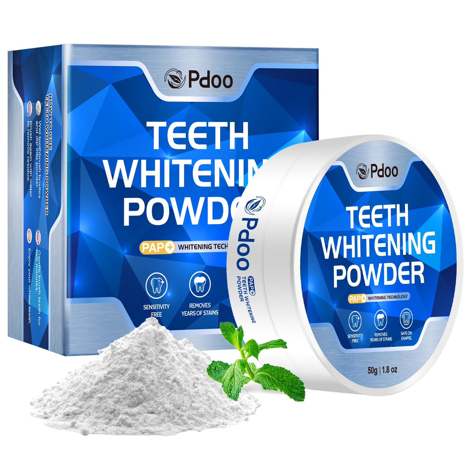 Pdoo Teeth Whitening Powder in a jar demonstrates enamel-safe whitening with PAP.