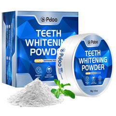 Pdoo Teeth Whitening Powder in a jar demonstrates enamel-safe whitening with PAP.