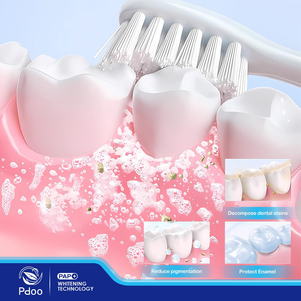 Pdoo PAP packaging emphasizes enamel-friendly care for daily use.