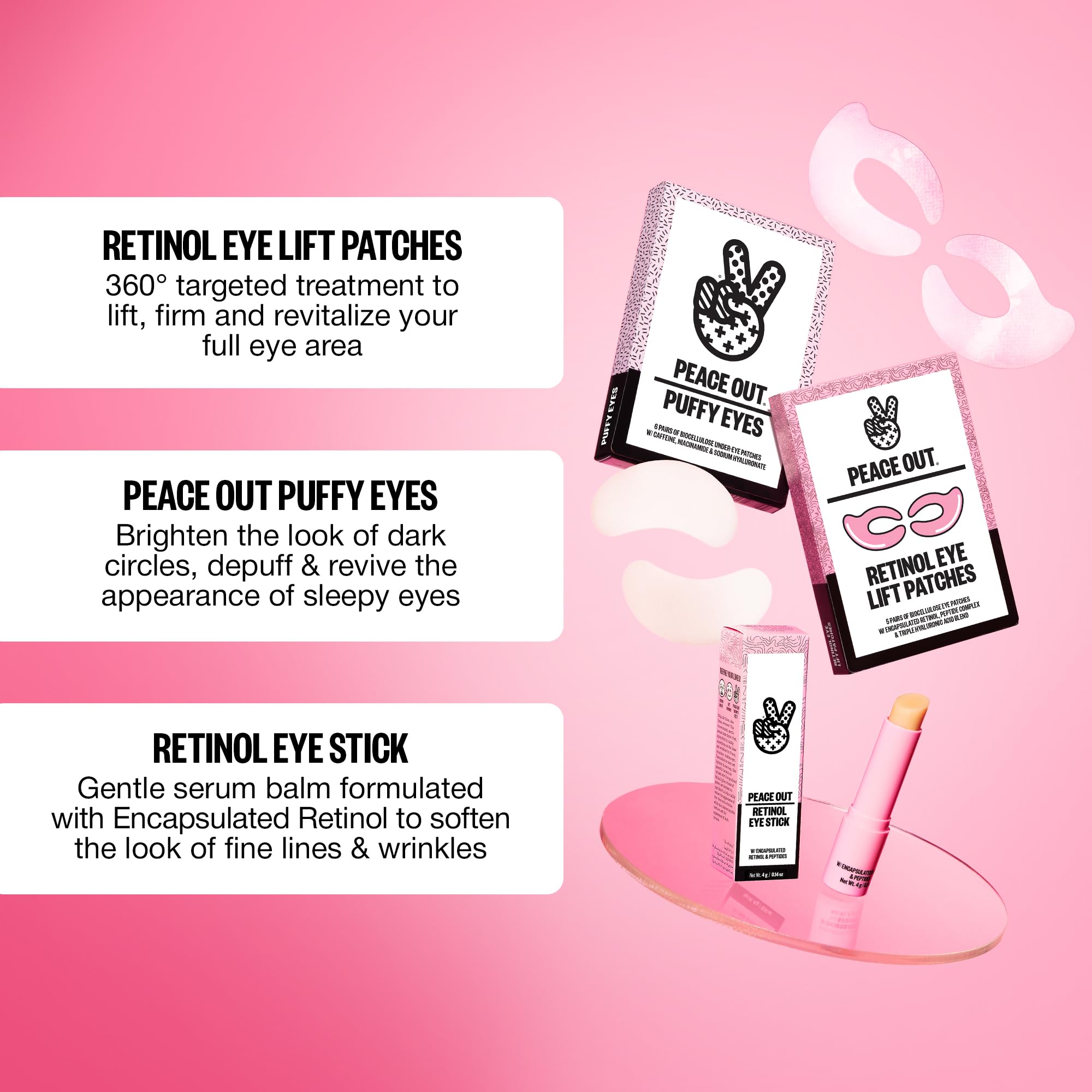Peace Out patches pair well with Retinol Eye Stick for enhanced care.