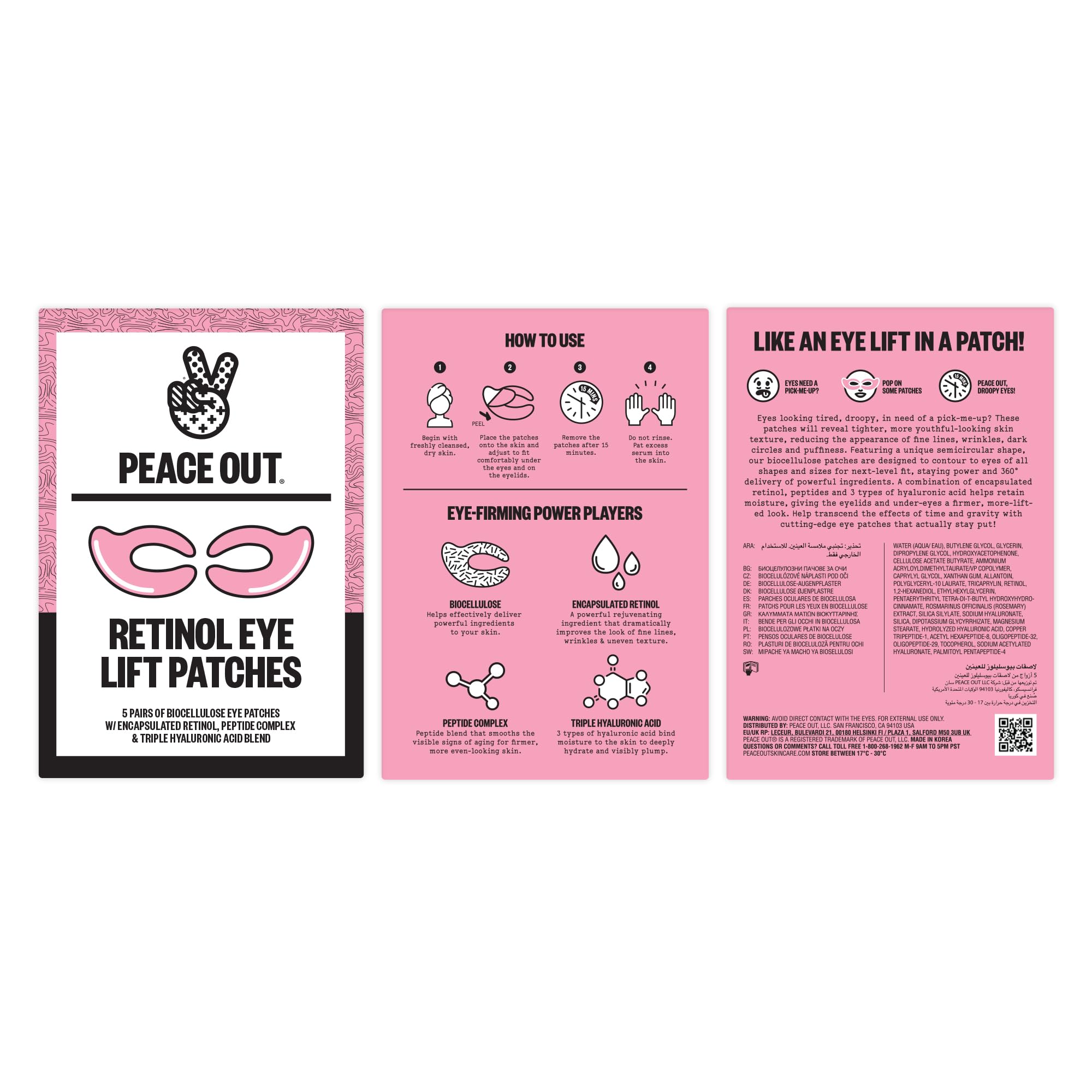 Peace Out patches target under-eye and eyelid areas for a refreshed look.