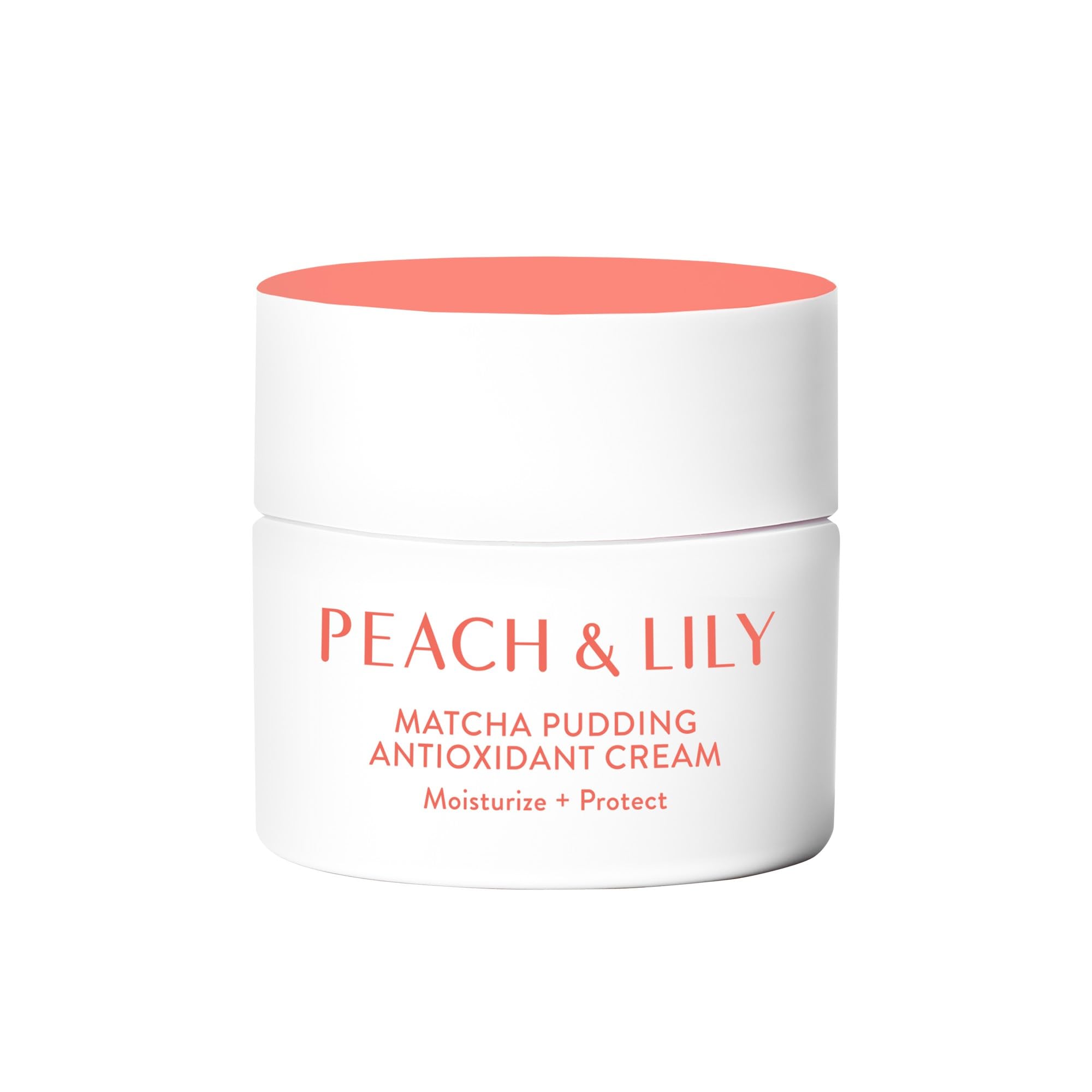 Peach & Lily Matcha Pudding cream jar closeup showing antioxidant hydration.