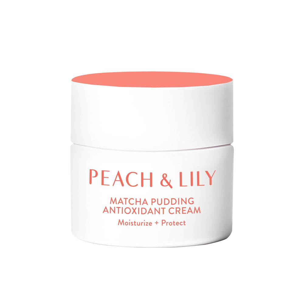 Peach & Lily Matcha Pudding cream jar closeup showing antioxidant hydration.