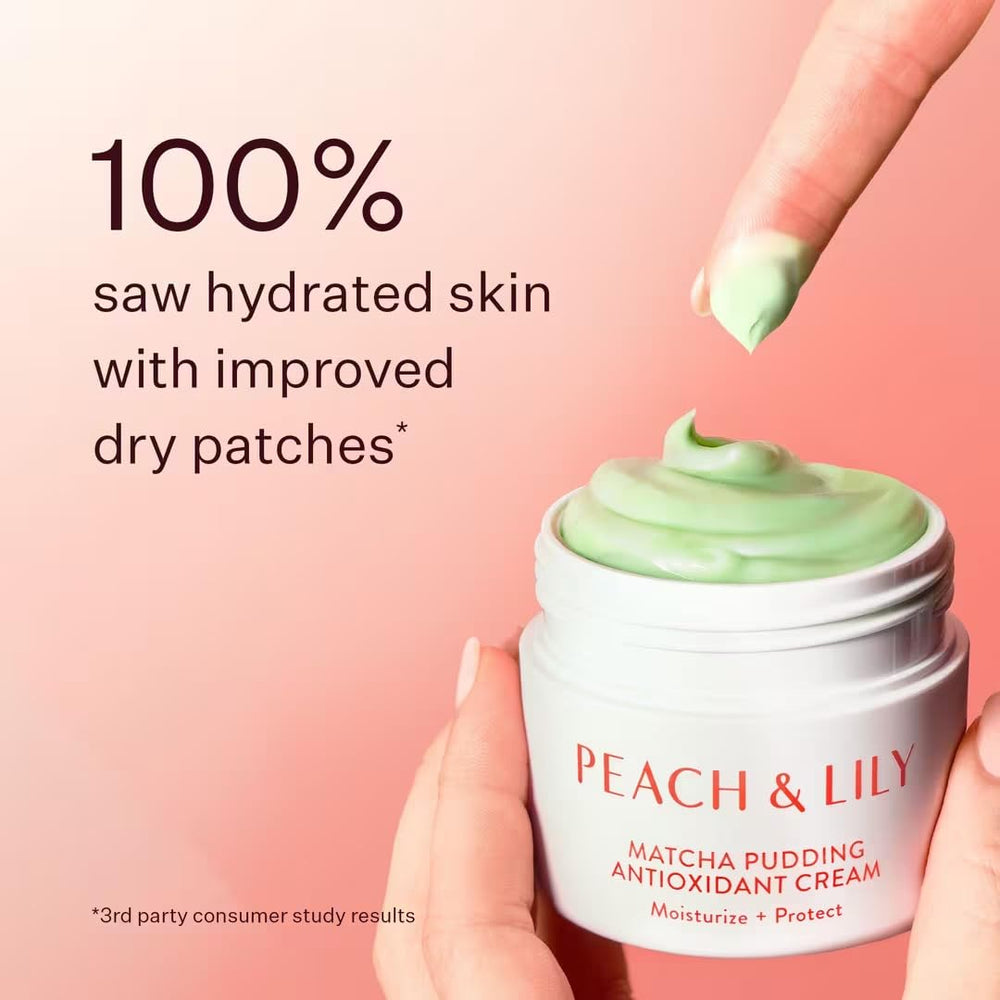 Peach & Lily Matcha Pudding featuring green tea matcha ingredient for skin calm.