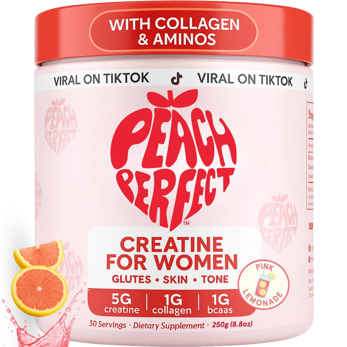 Peach Perfect Creatine Blend for Women bottle with pink lemonade flavor supports workout energy.