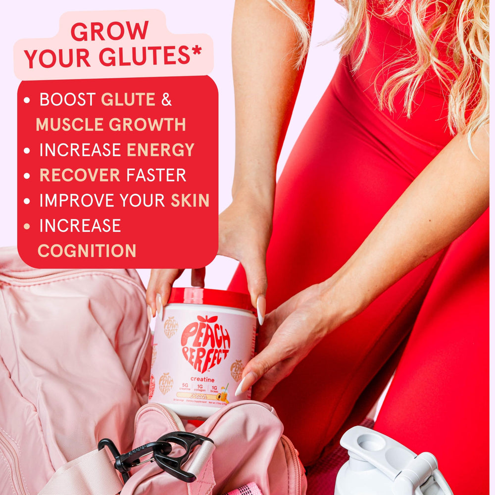 Peach Perfect Creatine powder bottle close-up shows BCAAs and collagen for recovery
