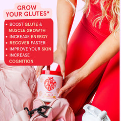 Peach Perfect Creatine powder bottle close-up shows BCAAs and collagen for recovery
