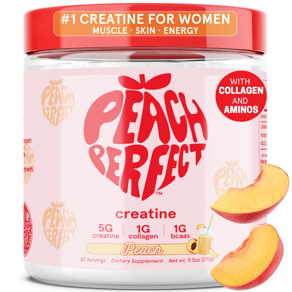 Peach Perfect Creatine powder tub front highlights peach flavor for workouts
