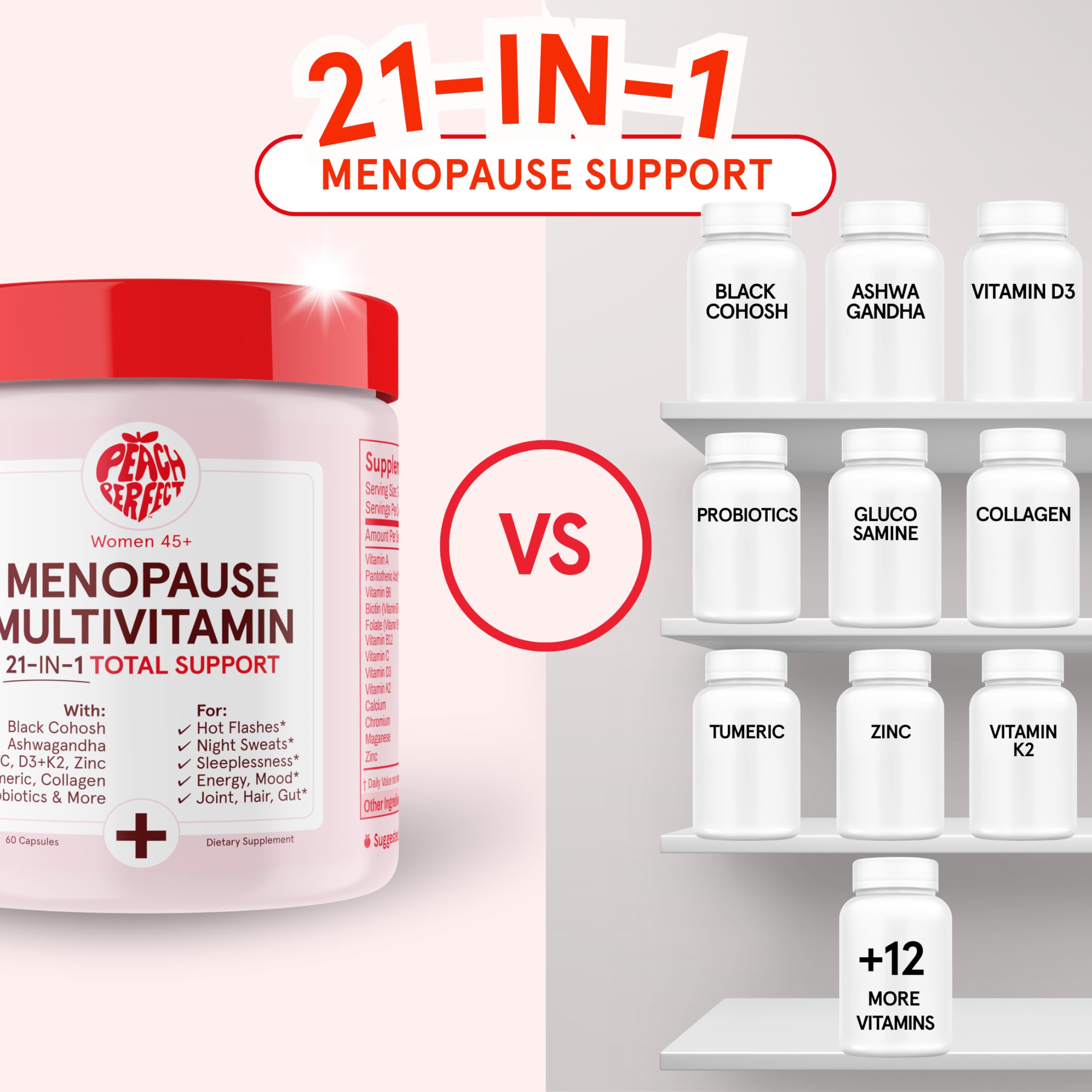 Label highlights 21 vitamins and menopause complex for balanced well-being.