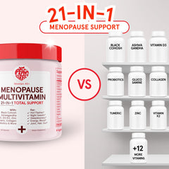 Label highlights 21 vitamins and menopause complex for balanced well-being.