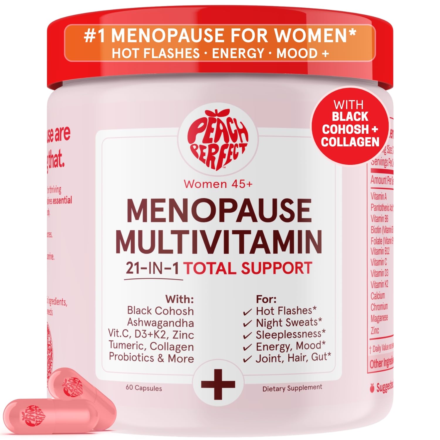 Peach Perfect menopause multivitamin bottle front view for daily vitality.