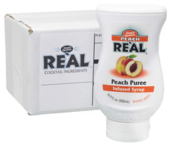 Peach Real peach puree infused syrup bottle front, perfect for brightening smoothies and cocktails.