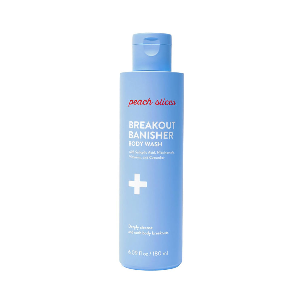 Peach Slices Breakout Banisher Body Wash bottle promotes clear-looking skin