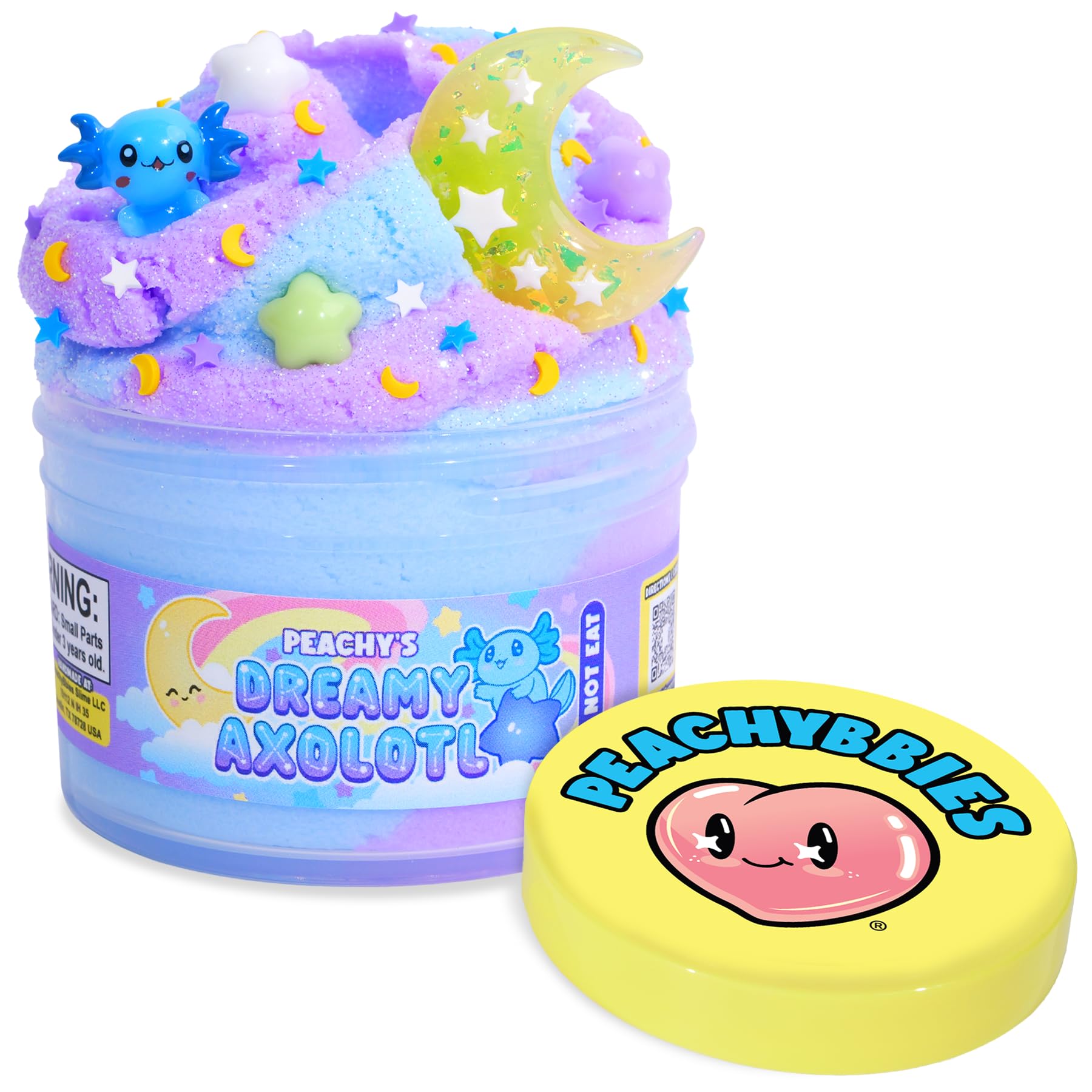 Peachybbies Dreamy Axolotl Cloud Slime jar with fluffy texture and pastel charms for sensory play