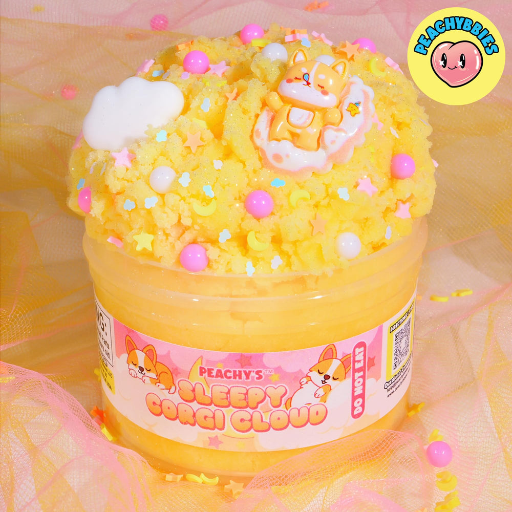 PEACHY Sleepy Corgi Cloud slime closeup highlighting charms and color