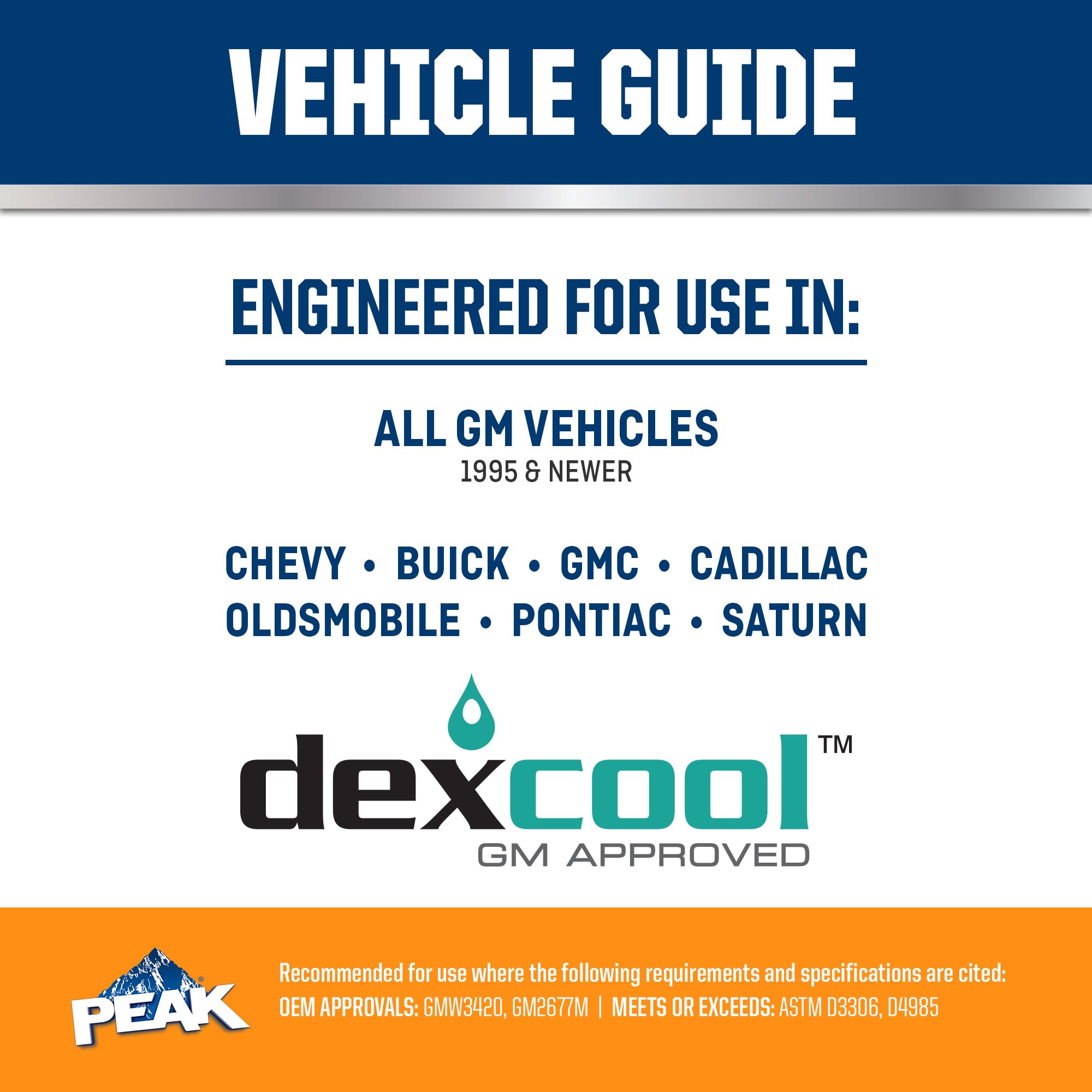 PEAK DEX-Coolant GM compatibility chart reinforces vehicle coverage for GM models.