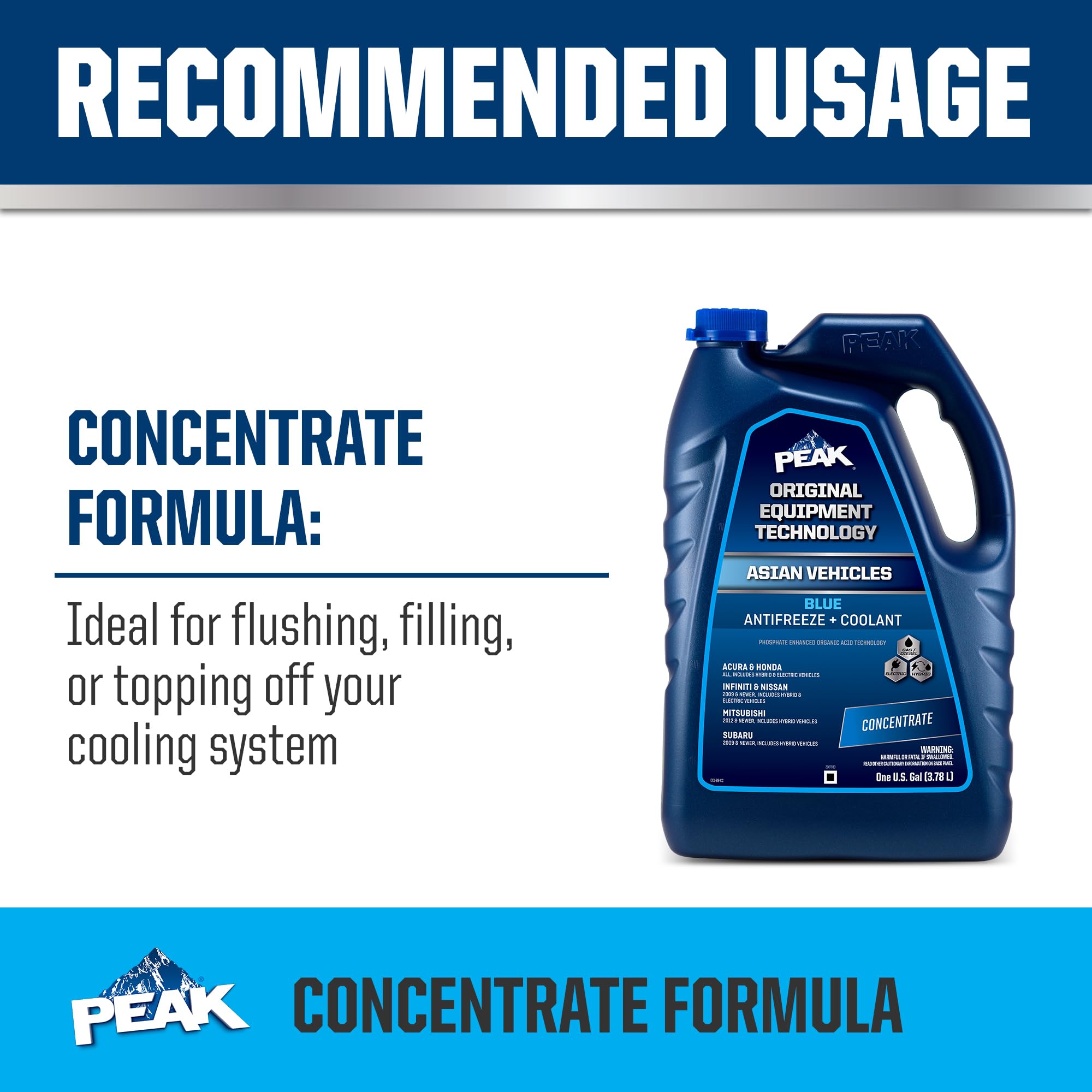 PEAK OET blue antifreeze concentrated bottle ready for flushing and filling.