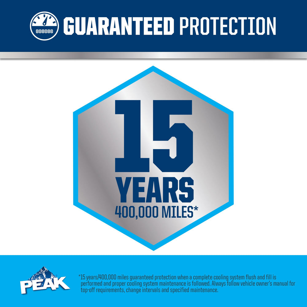 PEAK OET blue antifreeze displayed in engine bay during cooling system work.